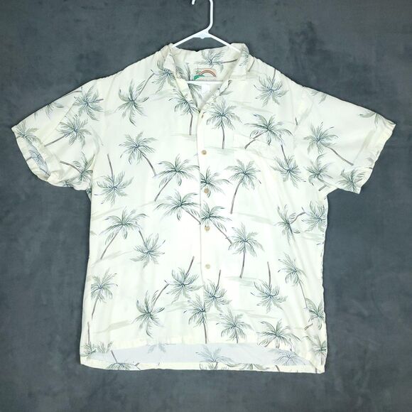 Paradise Found Other - Paradise Found Hawaiian Shirt Mens 3XL Cream Palm Tree Print Short Sleeve Aloha